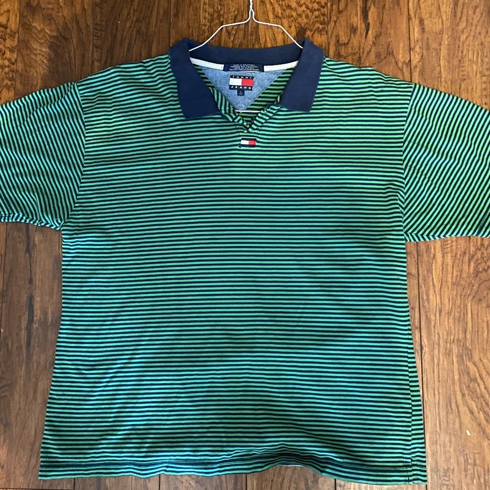 Large Blue / Green striped short sleeve Tommy Hilfiger Polo
